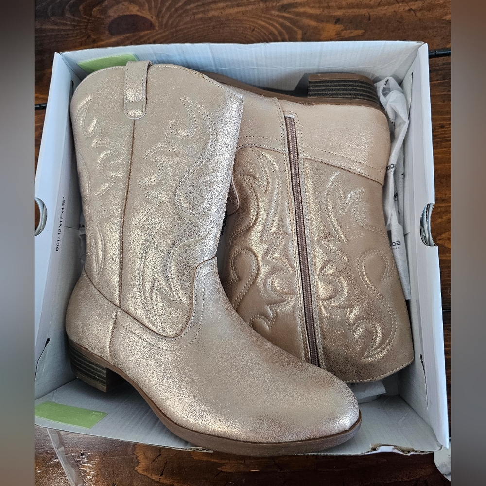 Shimmering Metallic Gold Zip Up Memory Foam Girls Cowboy Boots Size 5 & 6 NWB